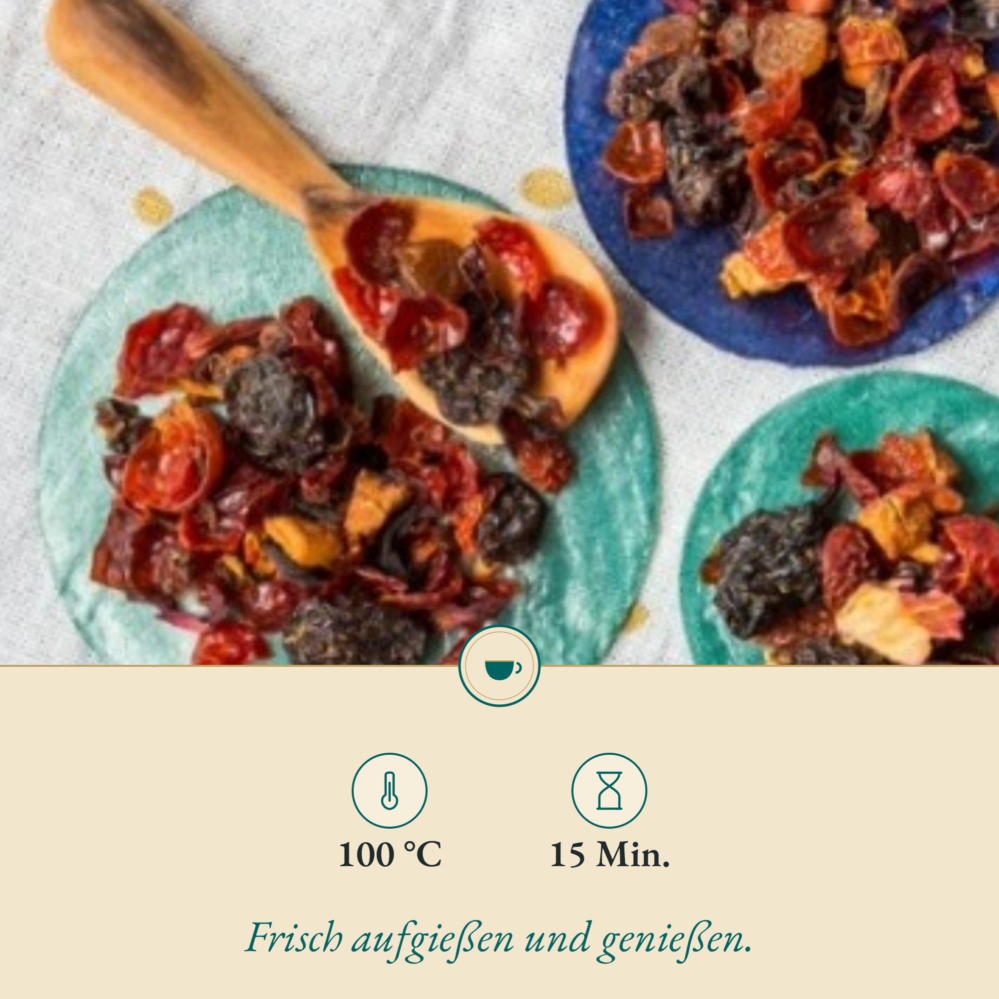 Zubereitung Früchtetee Früchtecocktail: , 100 °C, 15 Min.