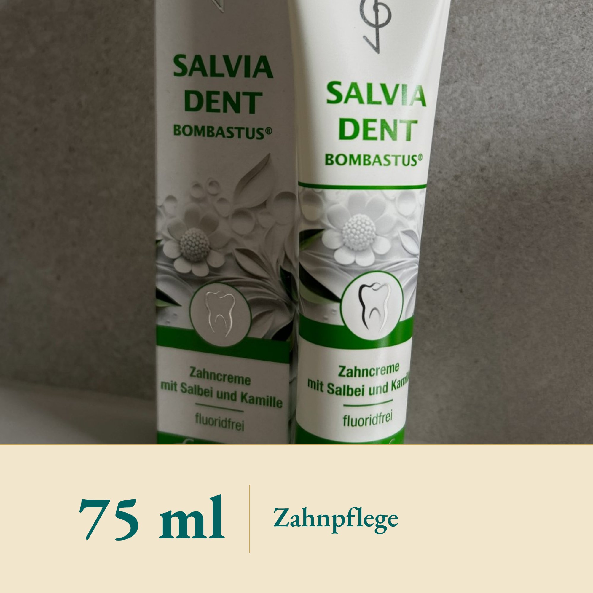 Nahaufnahme Salbei-Zahncreme Salviadent Bombastus – Kräuterparadies seit 1887