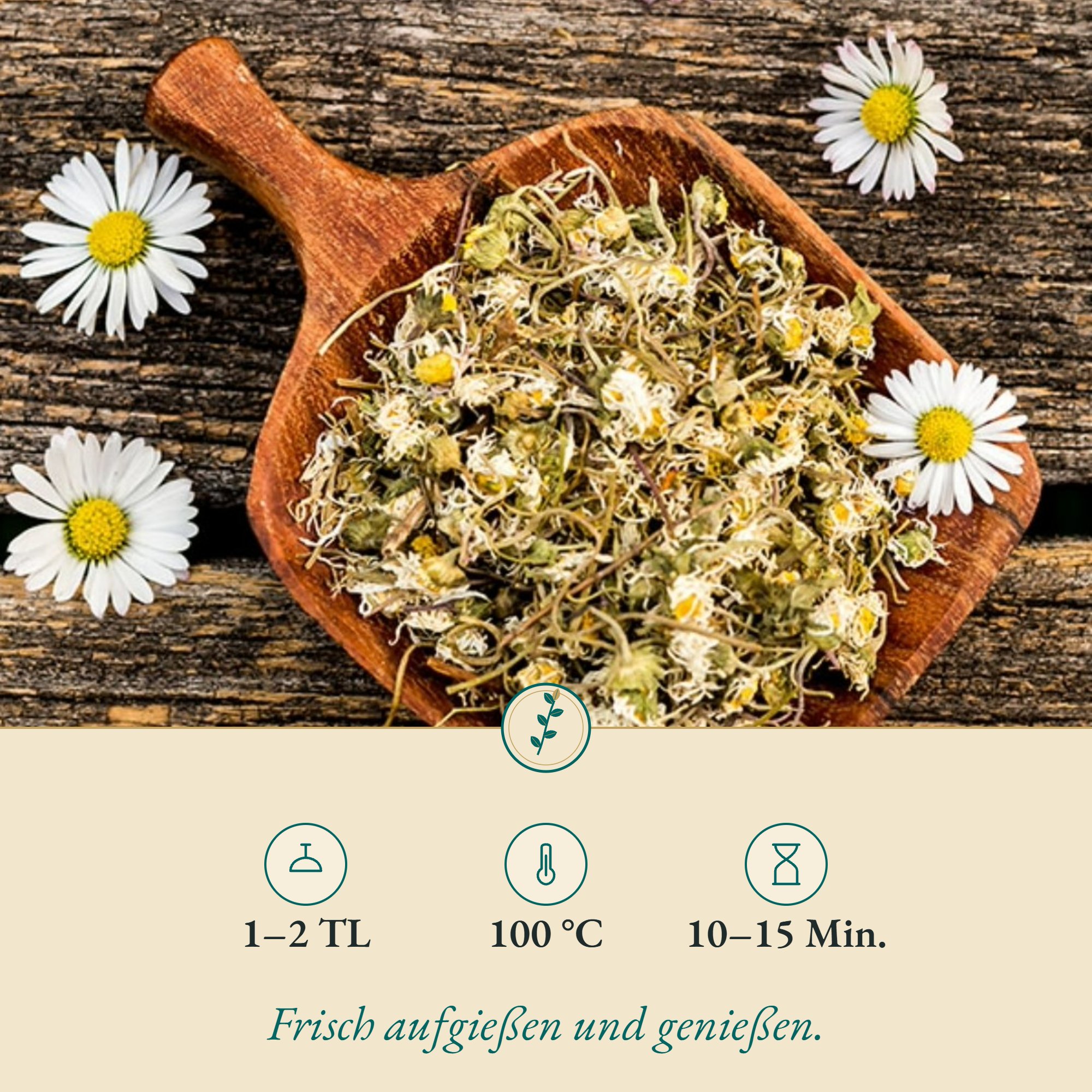 Zubereitung Gänseblümchen: 1–2 TL, 100 °C, 10–15 Min.